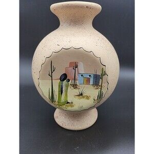 Mexico Pottery Ceramic Vase Hand Painted Village Wolf  Vintage Signed Beige